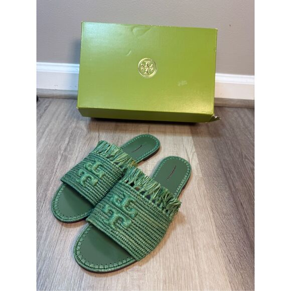 TORY BURCH Eleanor Raffia Double T Slide Sandals In Arugula Size 7 $328 - Picture 4 of 8